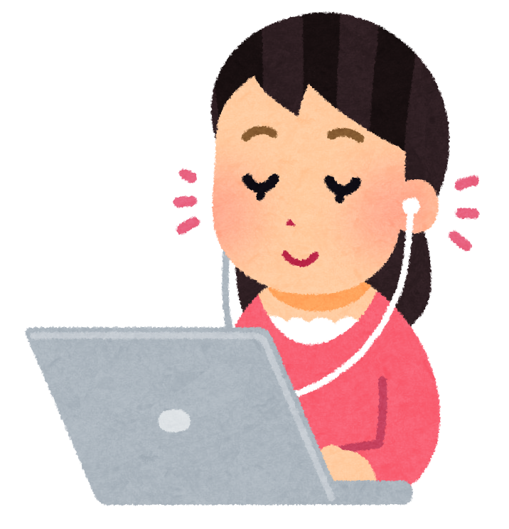 視覚に障がいのある女性がスクリーンリーダの音をイヤフォンで聞いて、パソコンを操作しているイラスト